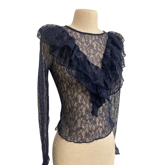 Zara Navy Lace Ruffle Long Sleeve Blouse S - Picture 3 of 10